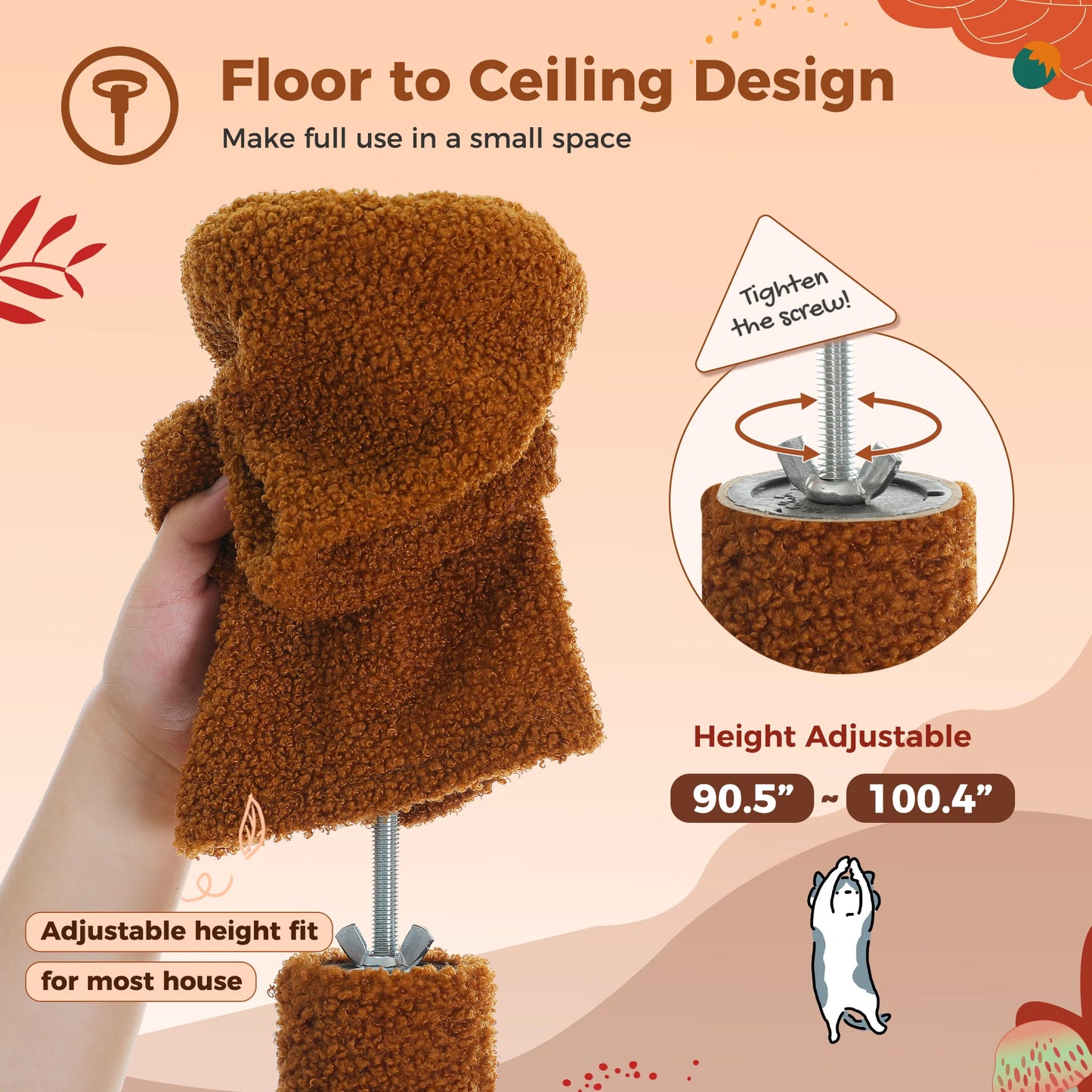 PETEPELACN Cat Tree Floor to Ceiling Tower with Condo Hammock