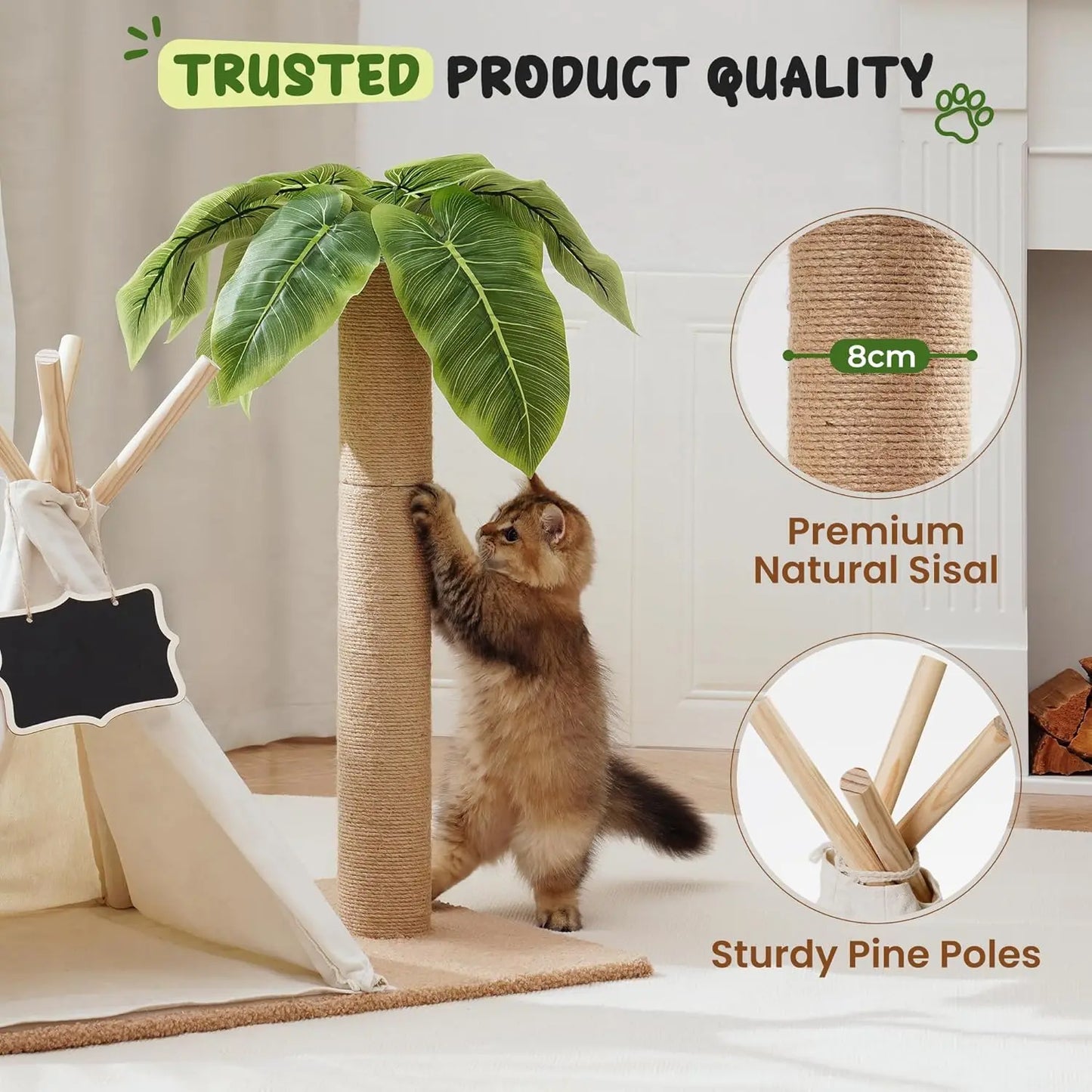 MEWOOFUN Cat Scratching Post Teepee Cat Tree With Leaves