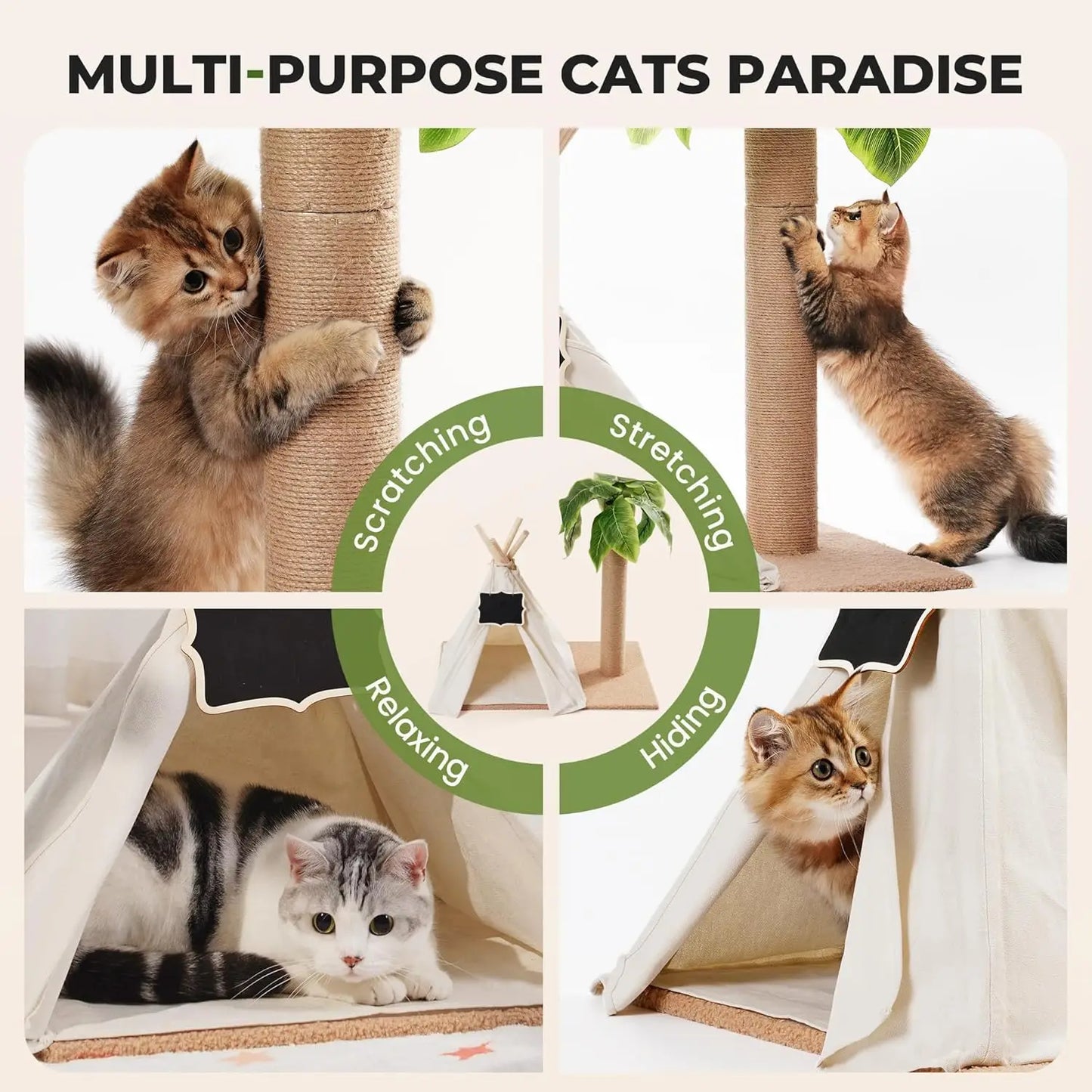 MEWOOFUN Cat Scratching Post Teepee Cat Tree With Leaves