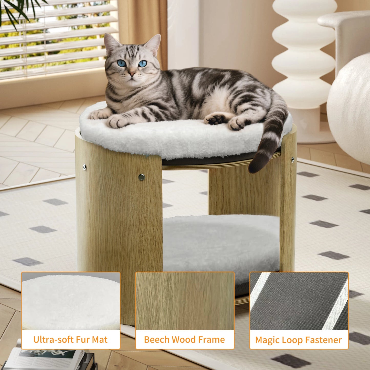 BINGOPAW Elevated Cat Bed Two Tier Bamboo Frame Cat Tree