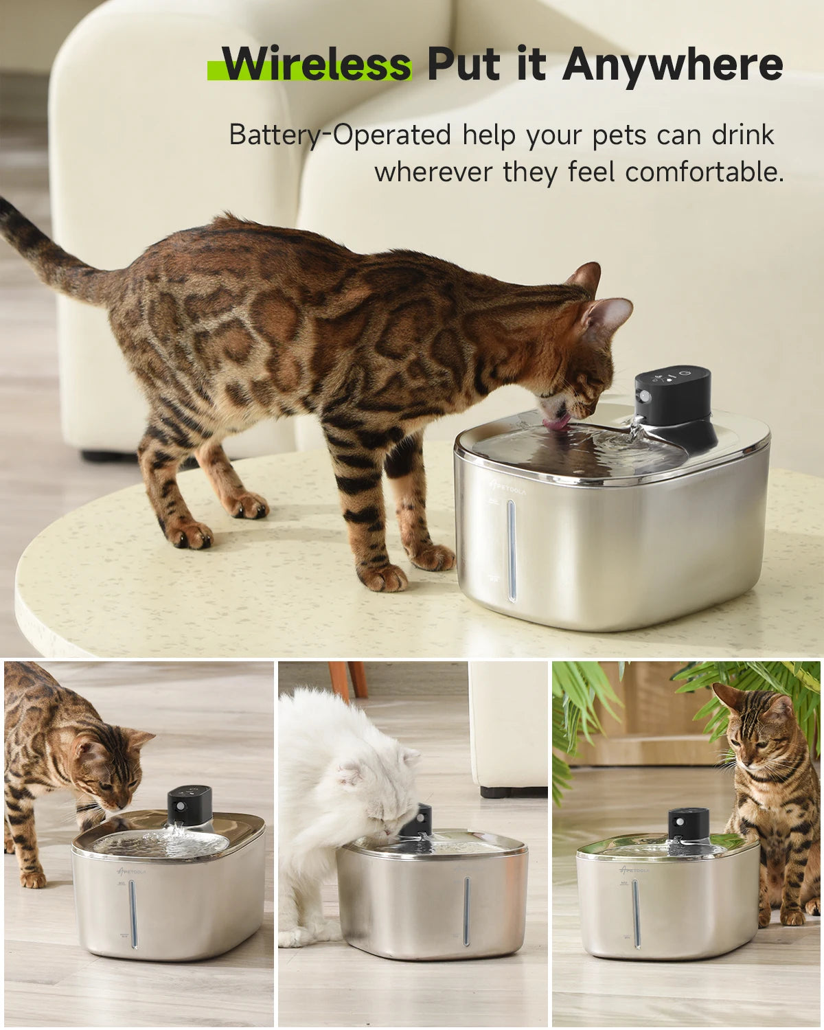 APD APETDOLA Wireless Stainless Steel Cat Water Fountain