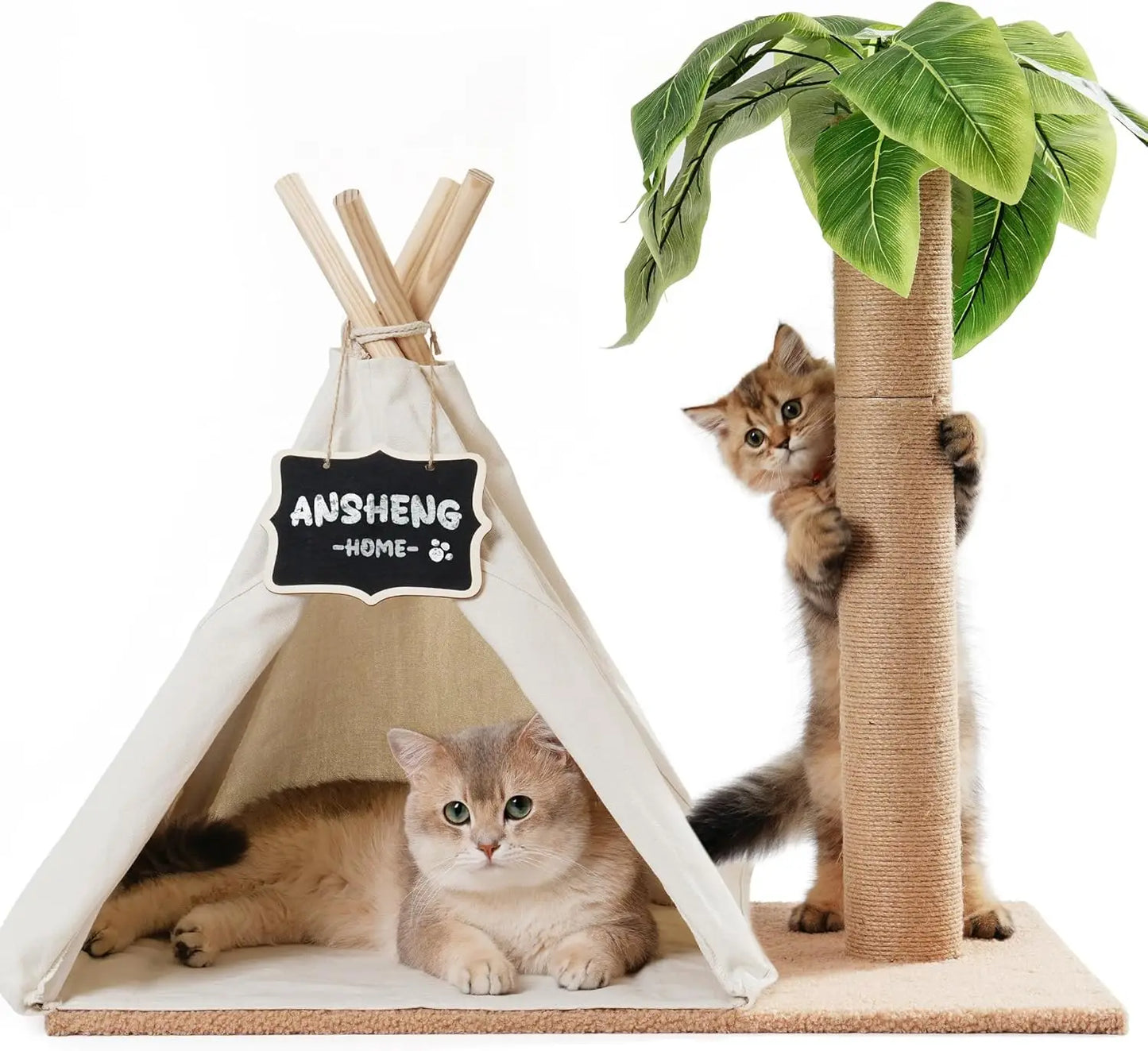 MEWOOFUN Cat Scratching Post Teepee Cat Tree With Leaves