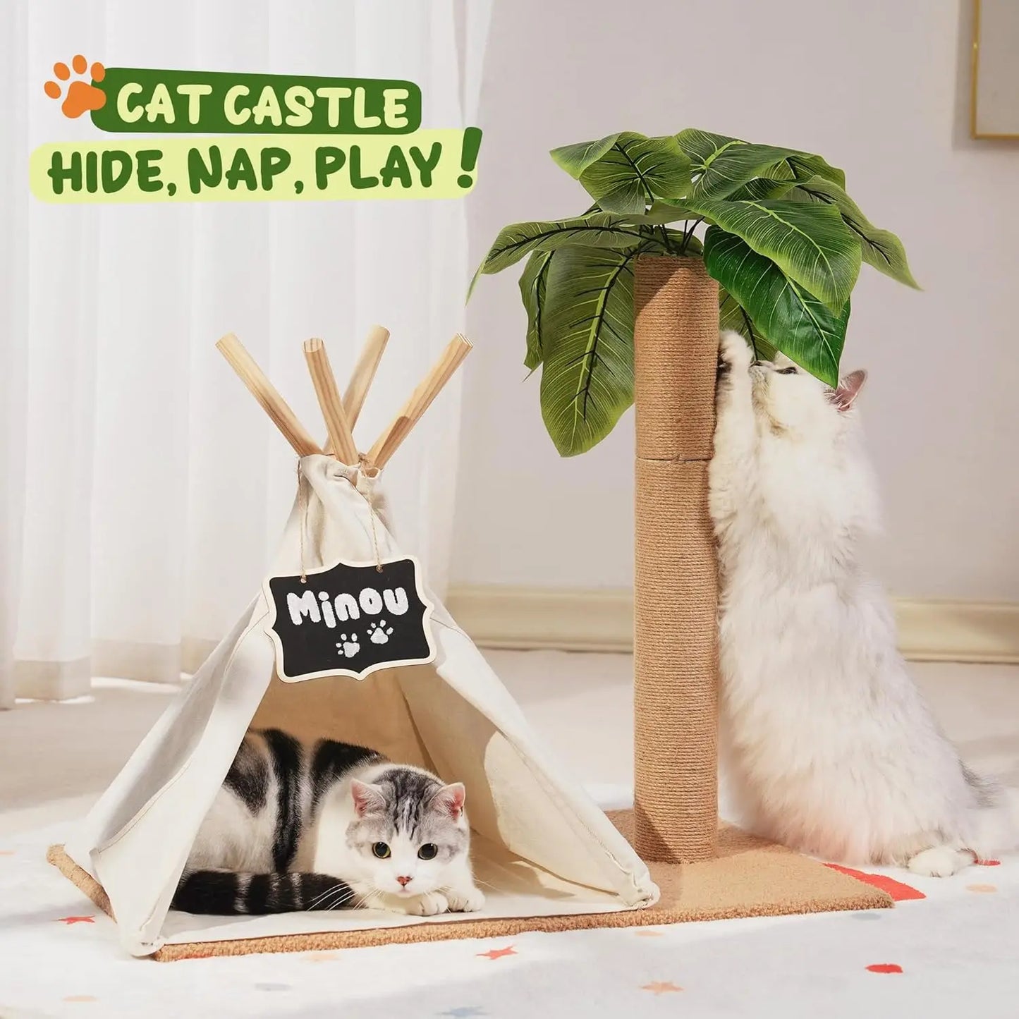 MEWOOFUN Cat Scratching Post Teepee Cat Tree With Leaves