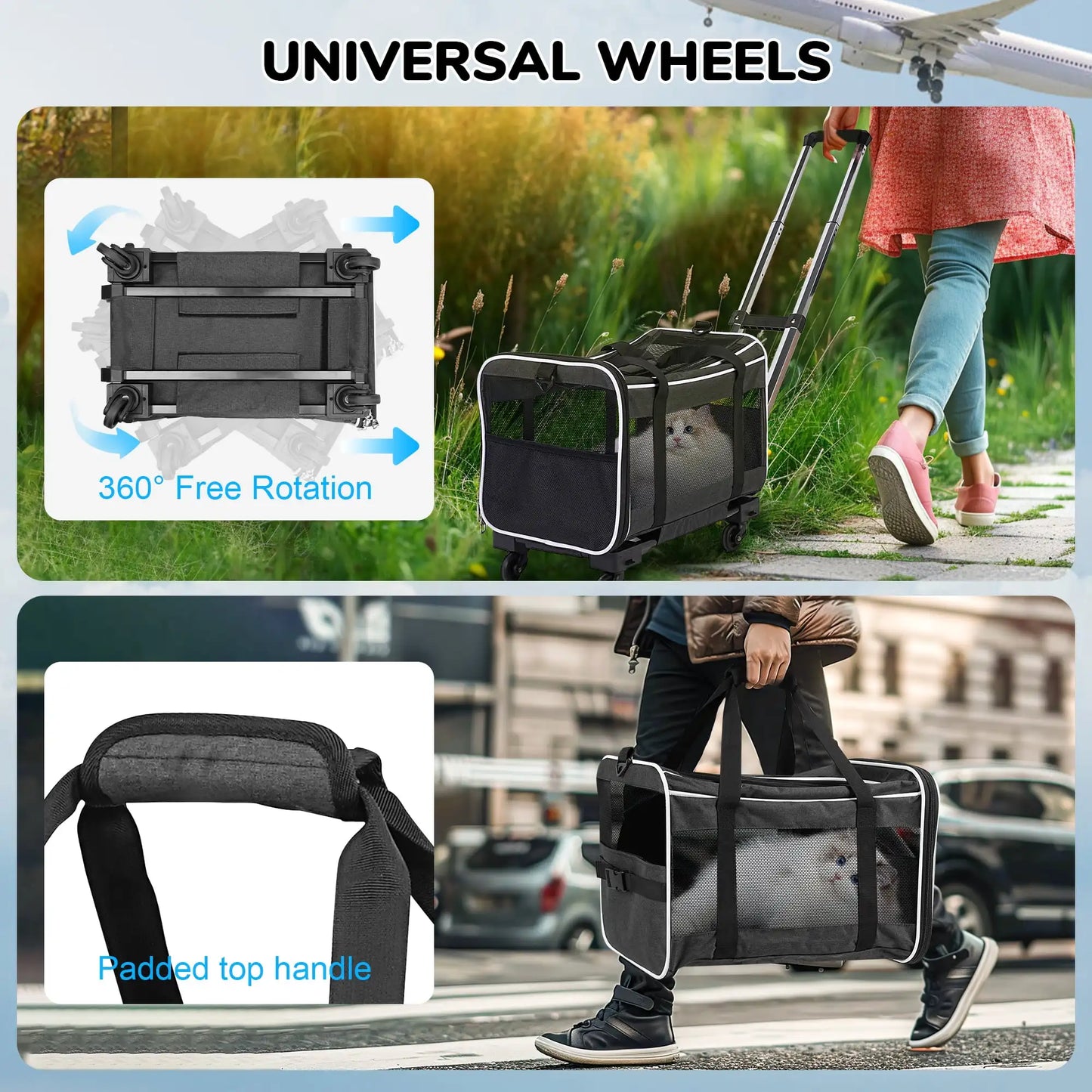 XMSJ Pet Carrier With Wheels For Dogs And Cats Travel