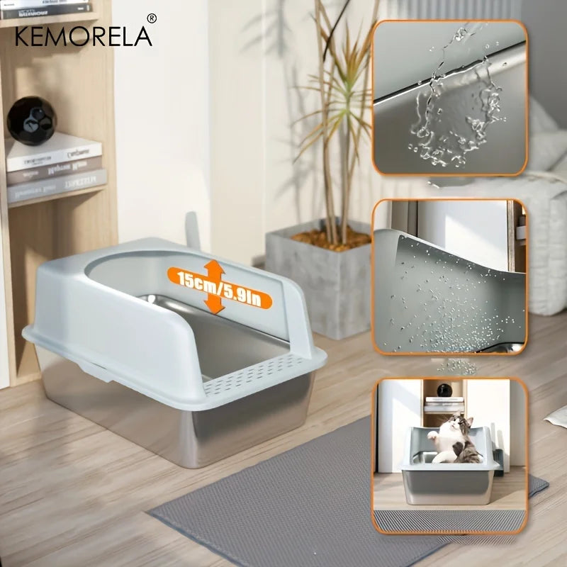 Feature Stainless Steel Litter Box With Mat Lid And Spade