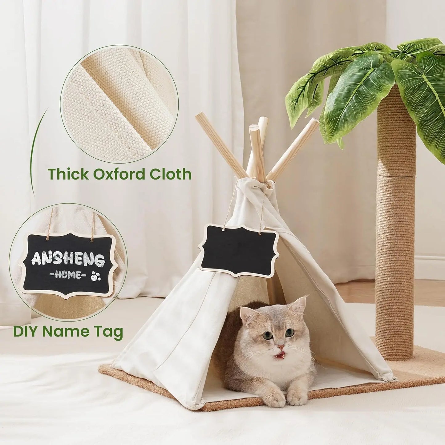 MEWOOFUN Cat Scratching Post Teepee Cat Tree With Leaves